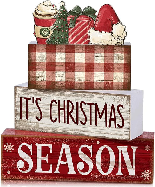 4 Pcs Wooden Christmas Tabletop Decor Xmas Tiered Tray Decor Winter Centerpiece Decorative Santa Hat Hot Cocoa Gift Box Tree Block Signs Gift Farmhouse Table Decoration for Home Kitchen