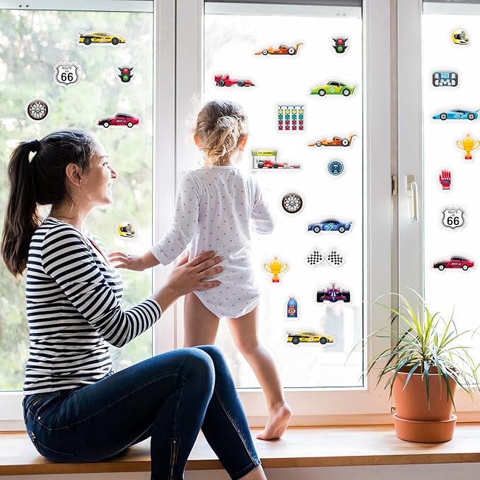 23 PCS Racing Car Thick Gel Clings Car Themed Window Gel Clings Decals Stickers for Kids Toddlers and Adults Home Airplane Classroom Nursery Transportation Party Supplies Decorations Removable and