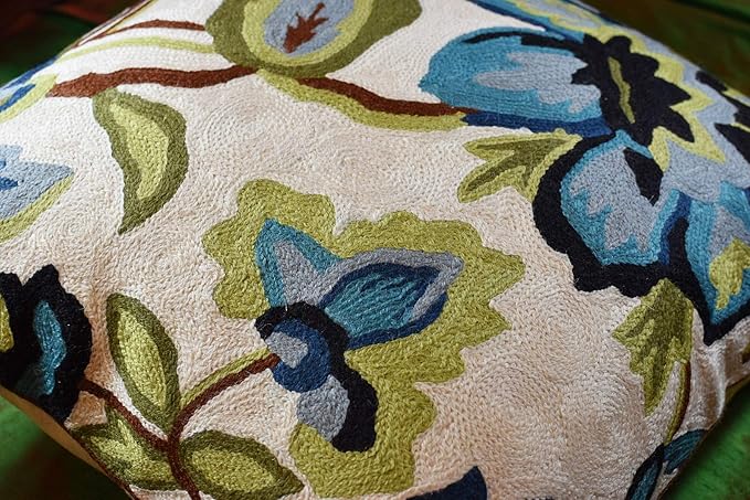 Modern Cream Decorative Floral Pillow Cover Needlepoint White Flower Hand Embroidered Pillowcase Flowery Outdoor Suzani Accent Cushion Boho Chair Modern Chair Pillowsham Wool Size 18x18
