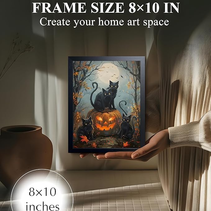 Halloween Black Cat Wall Art, Dark Academia Spooky Pumpkin Poster Wall Decor, Vintage Gothic Witchy Cat Canvas Print, for Bedroom Living Room Aesthetic Decor 8x10 Inch Wood Framed