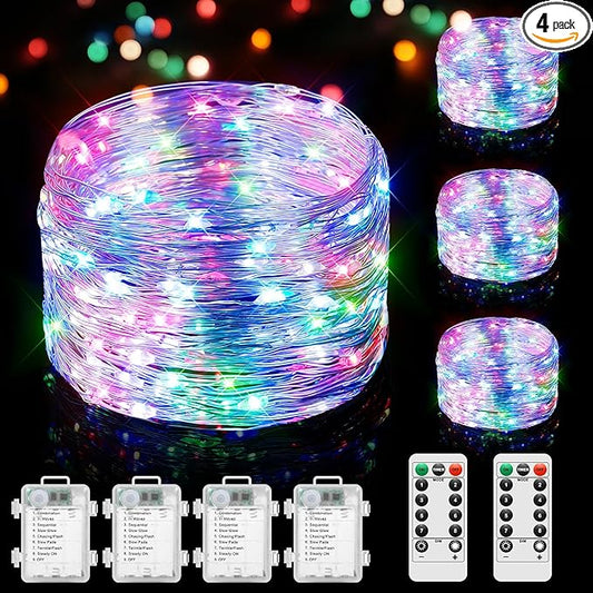 4 Pack 100 LED Fairy Lights Battery Operated with Timer & Remote, 33FT Waterproof Twinkle Lights Indoor Outdoor, Fairy String lights for Bedroom Classroom DIY Wedding Christmas Decorations, Multicolor