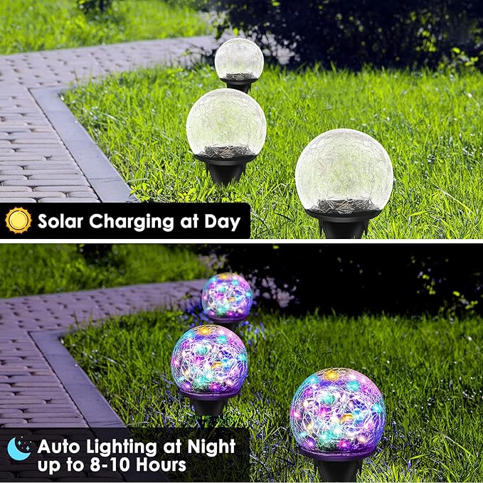 Solar Garden Lights, 2 Pack 80 LED Colored Cracked Glass, Multicolor Outdoor Decorative Ball Lights for Yard, Pathway, Patio, Christmas, 4.73