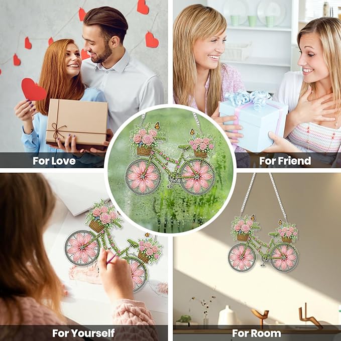 EOBROMD Diamond Hanging Art Kits for Adults, Bike Flower Suncatcher Diamond Art Painting, DIY Special Shaped Rhinestone Kits for Adults, Window Pendants Home Garden Wall Hanging Ornament