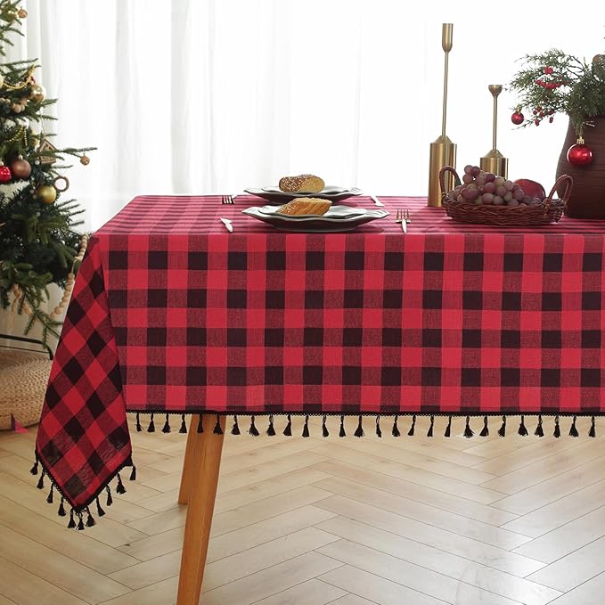 JIALE Gingham Tablecloth Rectangle Cotton Linen Fabric Checkered Table Cloth with Tassel Washable Wrinkle Free Buffalo Plaid Table Cover for Christmas, Party Kitchen Dining, red and Black, 55x120