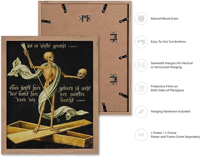 Poster Master Vintage Medieval Poster - Retro Gothic Print - Gift for Artist, Friend - Allegory of Life and Death, Skeleton, Dark, Skull - Wall Decor for Home, Living Room, 11x14 Beige Framed