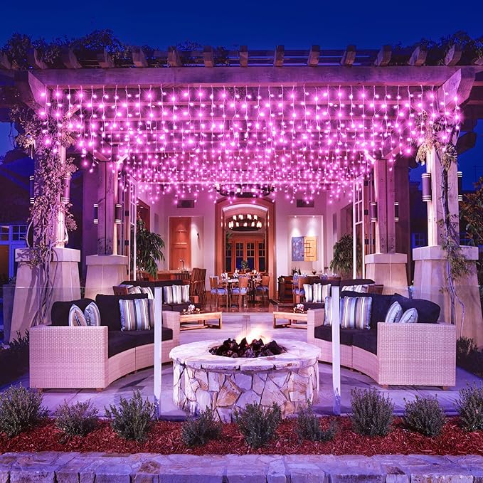 Icicle Lights for Outside, 33FT 400 LED Christmas Lights Outdoor Indoor with 8 Modes 75 Drops, Waterproof Plug in Curtain Twinkle String Light for Home Roof Yard Window Patry Wedding Decor, Pink