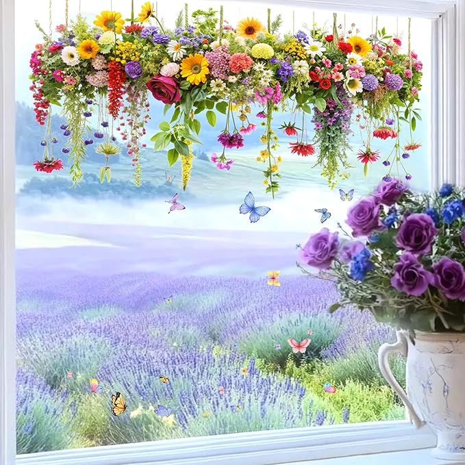 2 Set Colorful Floral Bouquet Window Stickers, Flower Butterfly Window Clings for Glass Windows,Floral Windows Film, Window Decals for Home Kitchen Bathroom Office Decoration