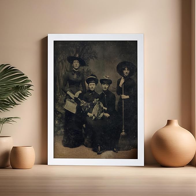 Poster Master Vintage Photograph Poster - Retro Halloween Print - Gift for Artist, Friend - Four Witches Wearing Robes, Sabbath, Coven, Sorcery - Wall Decor for Home, Office, 16x20 White Framed