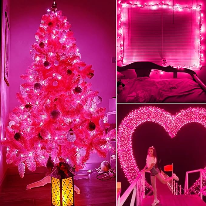 Pink String Lights with 100 Clear Bulbs on White Wire - 26.5 FT Waterproof Connectable Mini Tree Lights for Indoor Outdoor Use Party Holiday Patio Decorations