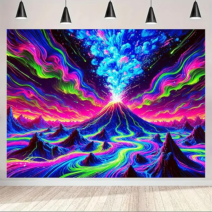 BlissYard Erupting Volcano Stream UV Black Light Tapestry 78x59 Inches Art Color Neon Light Background Bedroom Living Room Wall Party Decoration Psychedelic Lava Mountain Sky Flow Fantasy Scene