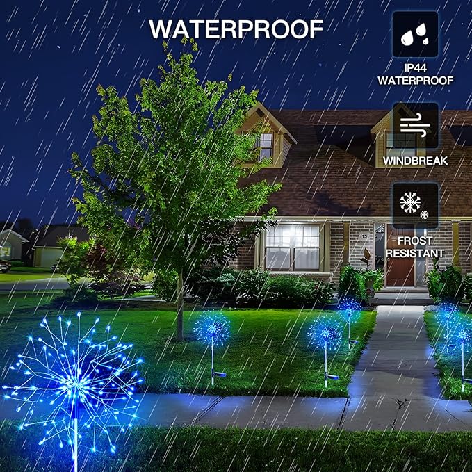 suddus Solar Garden Lights Outdoor Waterproof Decorative, 2Pack 150LED Firework Lights, Solar Fairy Lights for Yard, Garden, Party, Patio, Pathway, Flowerbed - Blue