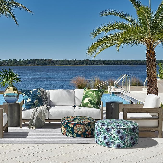 LVTXIII Indoor/Outdoor Inflatable Ottoman, D31 x H14 Inch Large Round Ottoman, All Weather Foot Rest Stool, Portable Footrest for Patio, Garden, Camping and Home - Blue Salmone Tropical