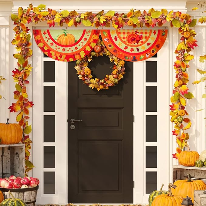 Breling 4 Pcs 1.5 x 3 Feet Fall Bunting Outdoor Flag for Outside Thanksgiving Pleated Fan Flag Pumpkin Turkey Yard Fall Hanging Banner Flag with Canvas Header and Metal Grommet for Holiday Decor