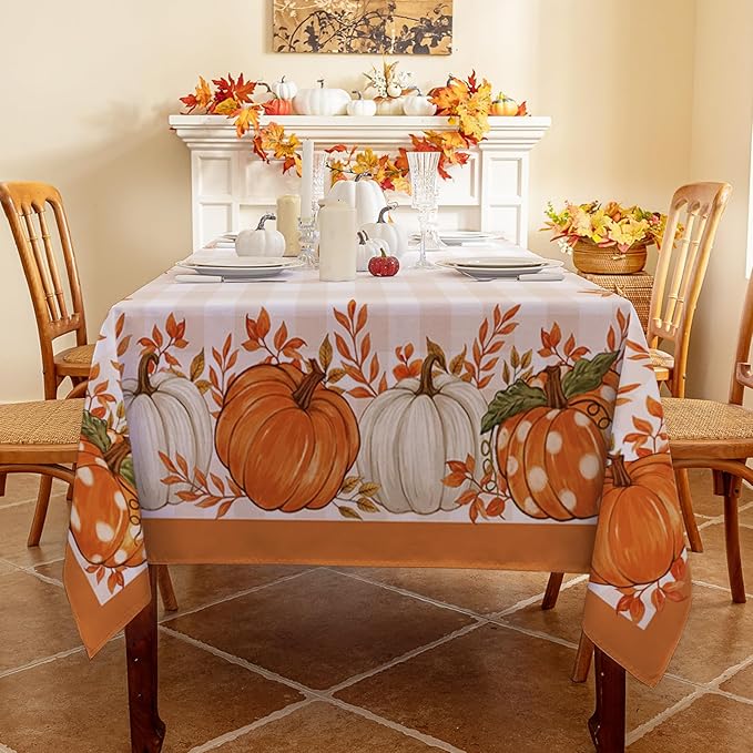 Romanstile Fall Tablecloth Rectangle, Thanksgiving Autumn Harvest Pumpkin Buffalo Plaid Table Cloth, Stain Resistant Washable Table Cover for Party/Dining/Holiday- Orange Checkered, 60x 102 Inch