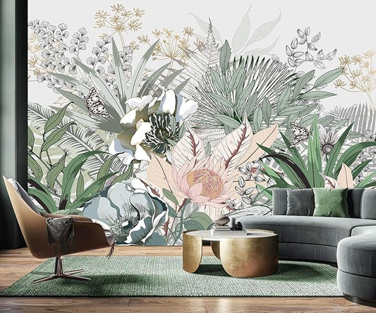AFZEVEB-Tropical Jungle Wallpaper Botanical Large Floral Wall murals for Bedroom 114"x74" (Not Peel and Stick)