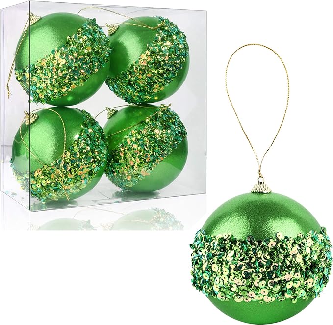 4" Christmas Ball Ornaments, 4pc Set Green Shatterproof Christmas Decorations Tree Balls for Xmas Trees Wedding Party Holiday Decorations