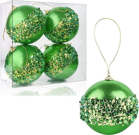 4" Christmas Ball Ornaments, 4pc Set Green Shatterproof Christmas Decorations Tree Balls for Xmas Trees Wedding Party Holiday Decorations