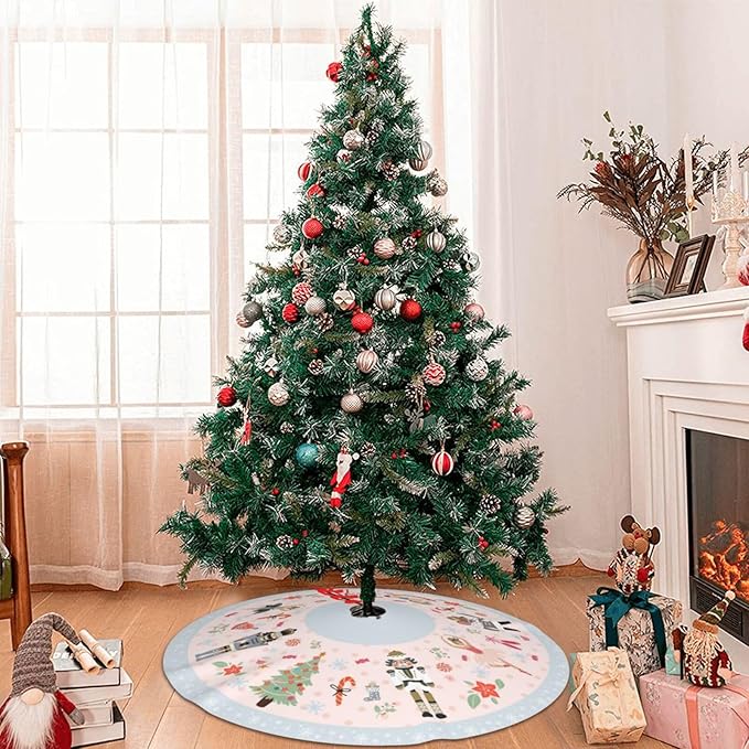 48" Large Christmas Tree Skirt, Cute Nutcracker Candy Pattern Tree Mat Base Cover for Xmas Festive Holiday Party Decoration Ornaments