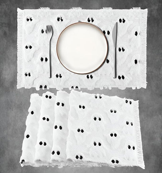 Nuanchu 4 PCS White Ghost Boo Placemats 13 x 19 Inch Halloween Soft Plush Faux Fur Wool Table Mats Halloween Placemats for Party Kitchen Dining Decoration