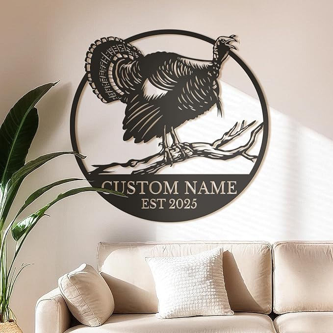 Personalized Turkey Metal Wall Art, Custom Hunting Cabin Sign, Wild Turkey Farmhouse Decor, Rustic Lodge Wall Hanging, Turkey Hunter Gift, Thanksgiving Home Decoration (Style-2)