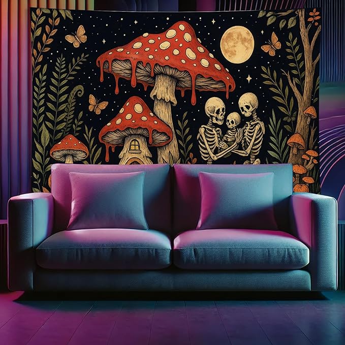 Starlit Patio Skeleton Family Blacklight Tapestry UV Reactive Wall Hanging Mushroom House and Moon for Bedroom Dorm Living Room Glowing Cottagecore Decor Fluorescent Trippy Poster 78 x 59 Inch