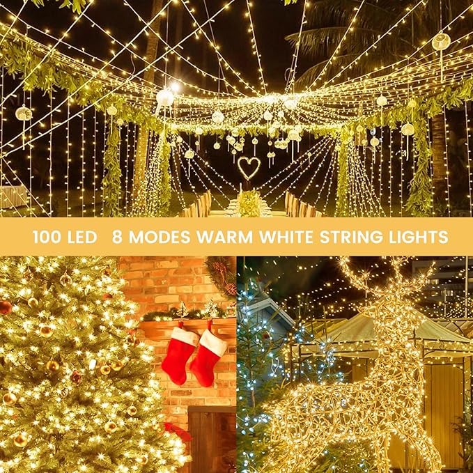 33FT 100LED String Lights Battery Operated with Timer, Waterproof Battery Powered Twinkle Lights, 8 Modes Fairy Light for Indoor & Outdoor Party Bedroom Garland Tree Christmas Decorations (Warm White)