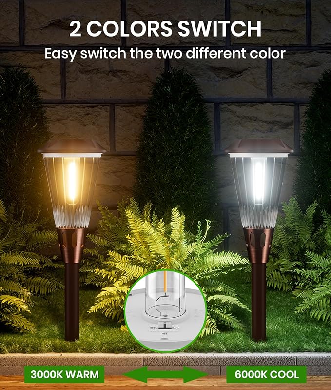 Super Bright Solar Pathway Lights Outdoor 4 Pack, 2-in-1 Warm&Cold Light 3000K/6500K Waterproof IP65 Garden Solar Yard Lights for Landscape Pathway Walkway Driveway Lawn
