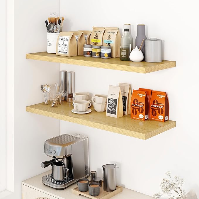 40" Floating Shelves for Wall, 12" Deep Slim Oak Floating Shelves, Wall-Mounted Shelves for Bedroom, Living Room, Kitchen, Bathroom - Set of 2