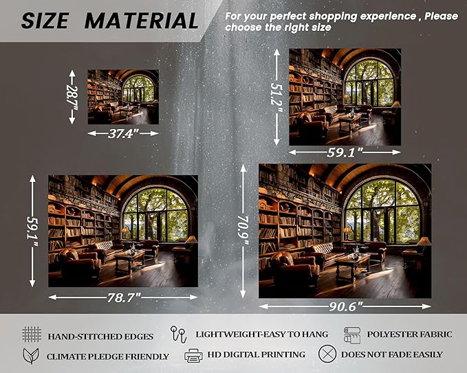 dueeia Book Library Tapestry Wall Hanging Medieval Bookshelf Vintage Window Bookcase Backdrop Wall Decor for Bedroom Aesthetic Living Room Office (59.1"x51.2")