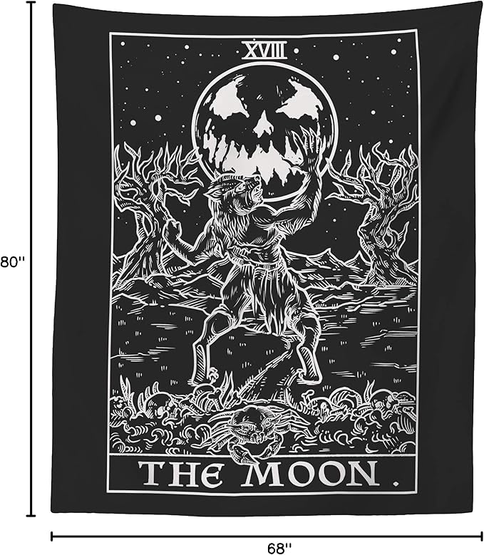 The Moon Tarot Card Tapestry (Black & White) - Werewolf - Gothic Halloween Home Decor Wall Hanging (80" x 68")