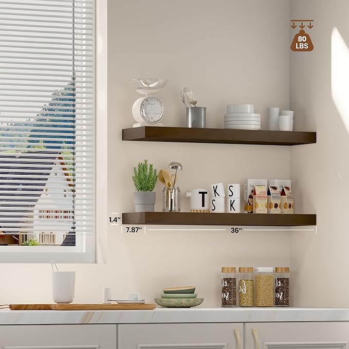Wood Floating Shelves for Wall 36” x 8”x 1.4” Shelf Floating Rustic Farmhouse Decor, Heavy Duty Shelf Hold 80 lbs, Wall Shelves for Bathroom Living Room Kitchen Bedroom Office, 2 Packs Walnut