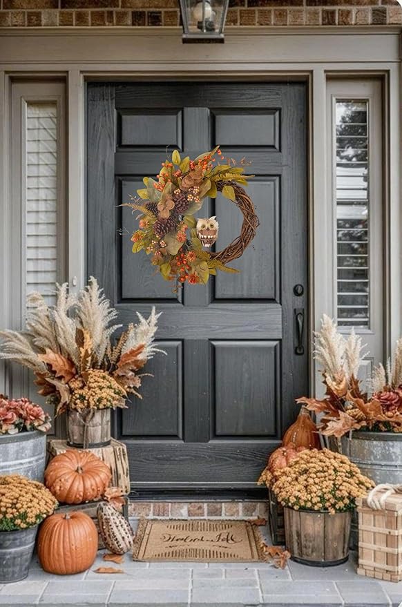 Fall Owl Wreath for Front Door 24 Inch, Autumn Natural Pine Cones Faux Eucalyptus Magnolia Leaf Berry Wreath, Fall Decor for Home Farmhouse Door Wall Window Porch Indoor/Outdoor
