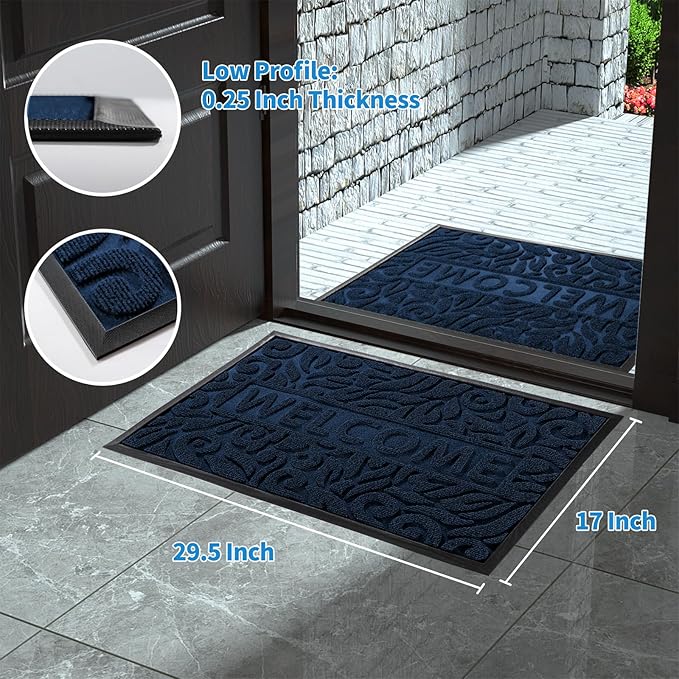 Yimobra Welcome Door Mat Outdoor Indoor, Non Slip Front Doormats, Heavy Duty Rubber Backing, Low-Profile Entrance Mat, Absorbent Resist Dirt, Easy Clean Patio Garage Floor Mats, 29.5 x 17, Blue
