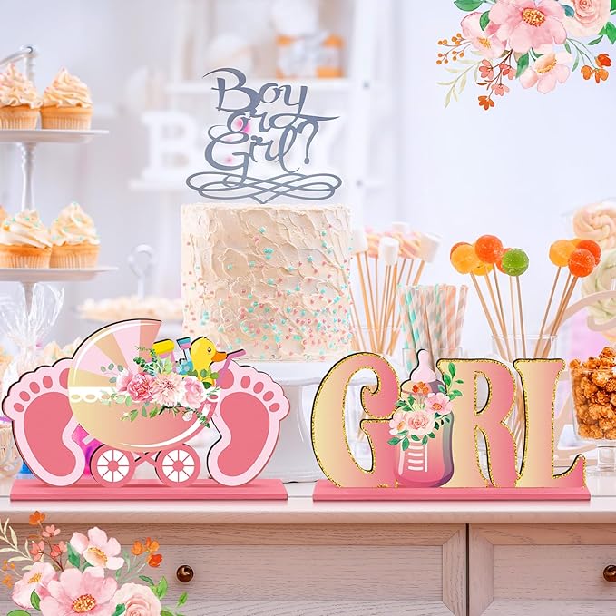 6pcs Pink Baby Shower Decorations Wooden Centerpieces for Girls Floral It's a Girl Gender Reveal Table Centerpiece Party Supplies Baby Girl Pregnancy Announcement Table Topper