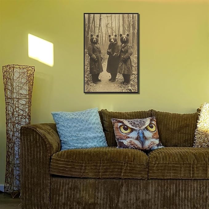 Vintage Horror Halloween Wall Decor Spooky The Three Bears In Occult Forest Spooky Canvas Wall Art Poster Gothic Dark Academia Decorations Room Creepy Print 24X36inch Aluminum Framed