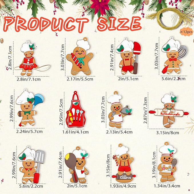 12pcs Gingerbread Christmas Decoration for Tree - Cooking Gingerbread Man Ornaments Christmas Hanging Decor for Xmas Tree Home Kitchen Decor Party Supplies