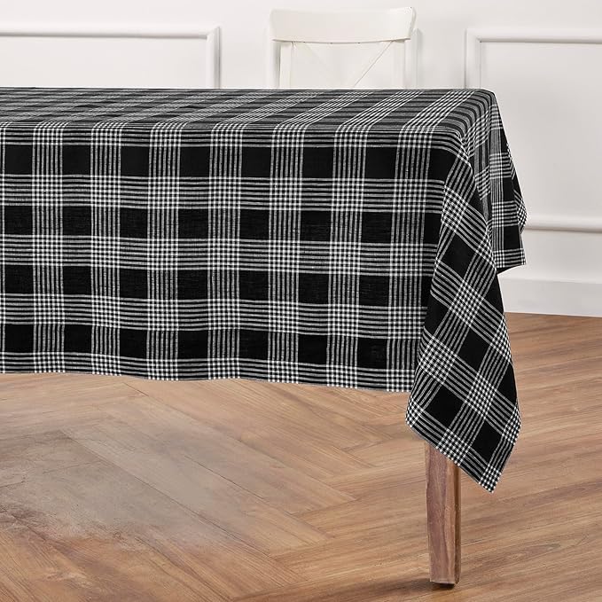 Solino Home Linen Plaid Tablecloth 60 x 144 Inch - 100% Pure Linen Glen Check Black and White Table Cloth for Rectangle Tables - Machine Washable Tablecloth for Fall, Autumn, Halloween, Thanksgiving