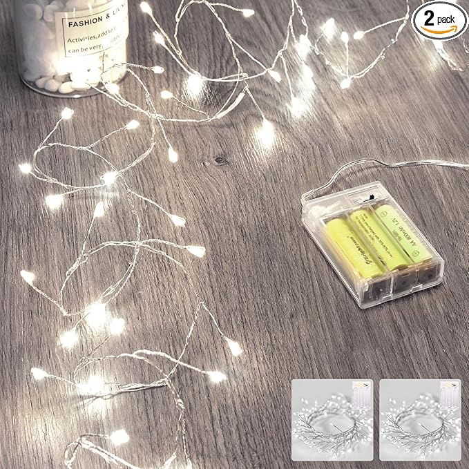 2 Pack Fairy Lights Battery Operated, Twinkle String Lights Waterproof Silver Wire 5 Feet 60 Led Firecracker Starry Lights for DIY Wreath Wedding Party Bedroom Mason Jar Holiday Christmas, Pure White