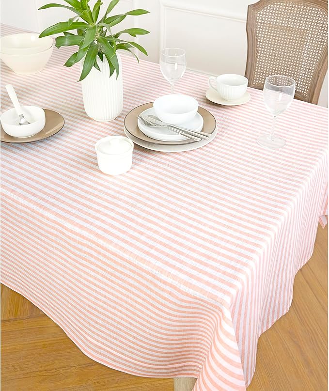 Solino Home Linen Striped Tablecloth 60 x 108 Inch - 100% Pure Linen Coral and White Table Cloth for Rectangle Tables - Amalfi Stripe, Machine Washable Tablecloth