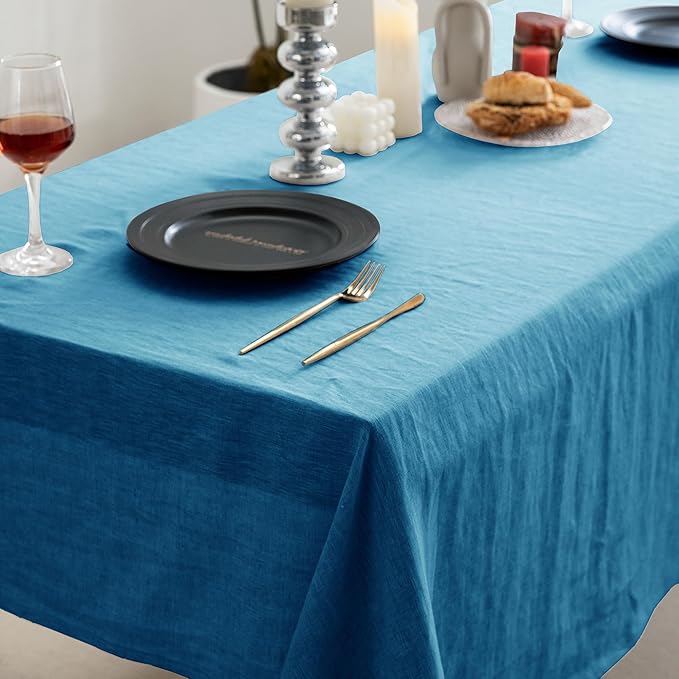 EVERLY 100% Pure Linen Rectangle Tablecloths 60x108Inches for Dining,Buffet Parties,Picnic,Events,Weddings and Restaurants,Decorative Halloween,Thanksgiving Machine Washable Tablecloths-Blue