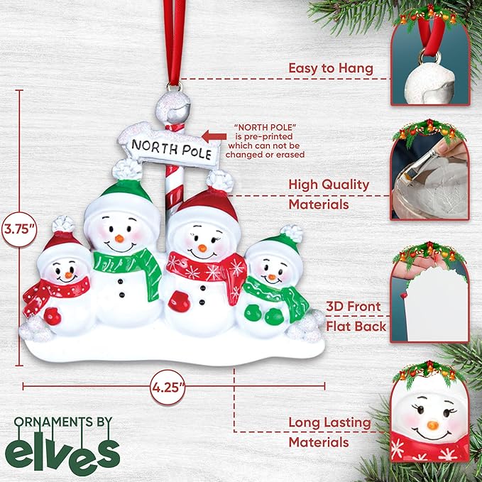 3D Snowman Family of 4 Christmas Ornament 2025 Personalized Family Christmas Ornaments 2025 | Winter Holiday Snowmen Personalized Tree Ornaments Customizable Gifts for Snow People of Four Ornament