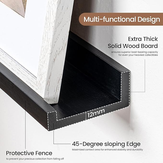 Picture Ledge Shelf, Solid Pine Wood Floating Shelves Set of 2, 36 Inches Nursery Book Shelves for Toys Storage, Kids Bookshelf Wall Mounted for Living Room Bedroom Decor Books Photo Frames, Black