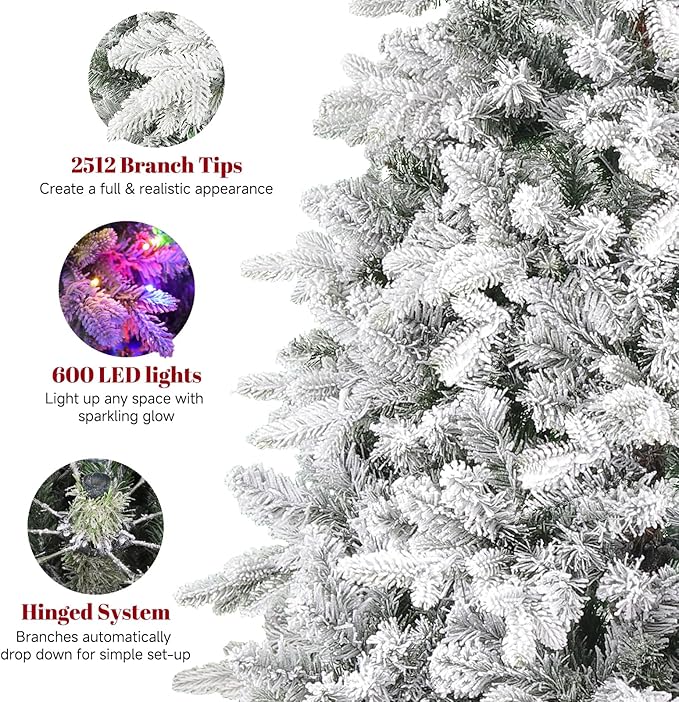 9FT Snow Flocked Pre-Lit Christmas Tree with 360° Rotating Base, 2512 PE/PVC Tips, 600 LED Lights, 8 Modes, Dimmable and Timer Functions, Musical Artificial Xmas Tree for Holiday Decor