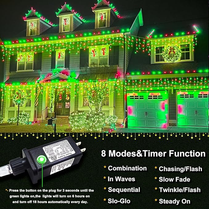 Icicle Lights for Outside, 33ft 400 LED Red and Green Christmas Lights 8 Modes with 75 Drops, Waterproof Christmas Icicle Light Outdoor Plug in for Indoor Party Holiday Halloween Decorations