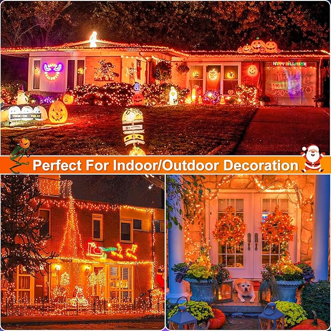 Orange Halloween Lights Outdoor, 66FT 200 LED String Lights for Outside with 8 Modes Waterproof, Plug in Connectable Twinkle Light Green Wire for Indoor Garden Tree Patio Party Decorations