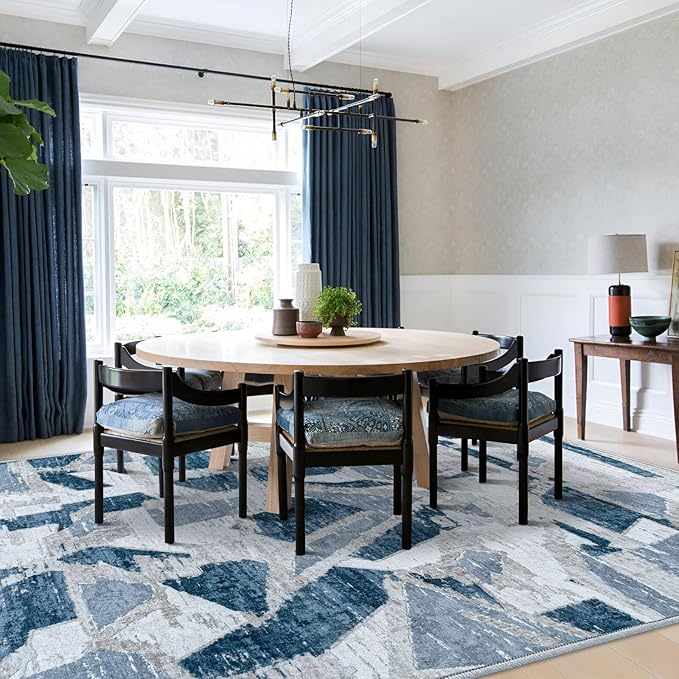 Modern Abstract Blue 5X7 Area Rug for Living Room Bedroom Washable, with Non-Slip Rubber Backing Print Faux Wool Thin, Throw Large Carpet for Kids Playroom Dining Room Pet & Child Friendly