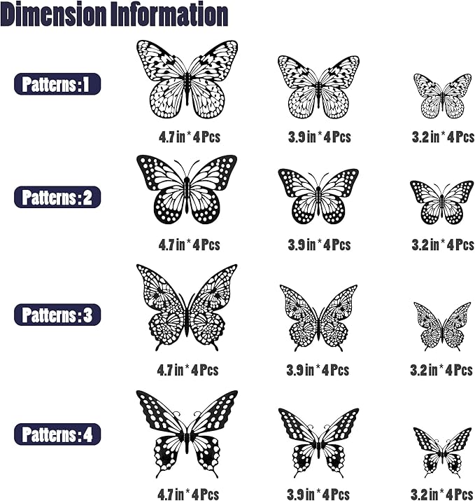SAOROPEB 3D Butterfly Wall Decor 48 Pcs 4 Styles 3 Sizes, Gold Butterfly Decorations for Butterfly Birthday Decorations Butterfly Party Decorations Cake Decorations, Removable Stickers (Black)