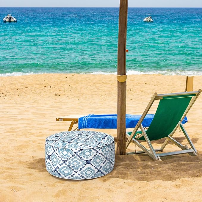Inflatable Ottoman Stool D21 xH9 for Outdoor/Indoor Use, Water Repellent Patio Foot Rest with Portable Handle,Round Pouf Ottoman Suitable for Garden,Deck and Camping - Boho Geometry Blue