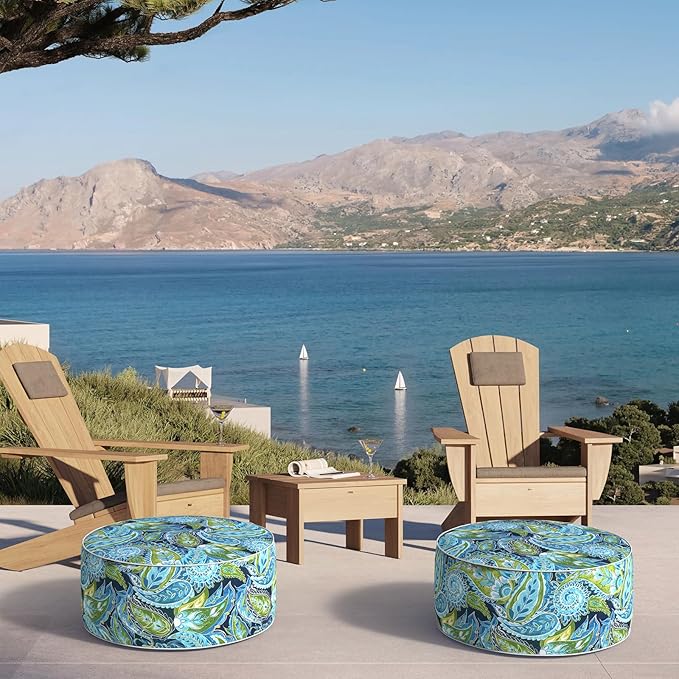 Inflatable Ottoman Stool D21 xH9 for Outdoor/Indoor Use, Water Repellent Patio Foot Rest with Portable Handle,Round Pouf Ottoman Suitable for Garden,Deck and Camping - Paisley Lapis Green