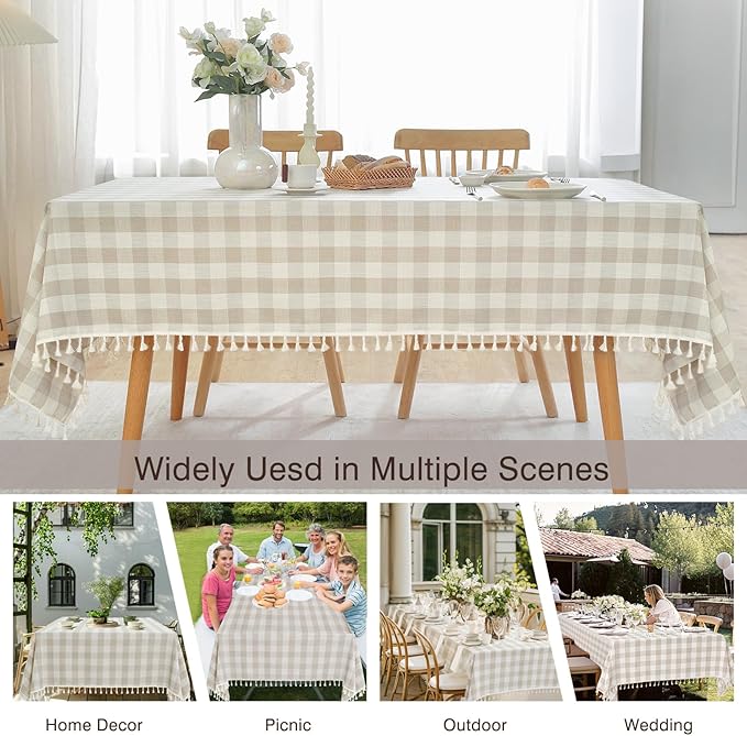 JIALE Gingham Tablecloth Rectangle Cotton Linen Fabric Checkered Table Cloth with Tassel Washable Wrinkle Free Buffalo Plaid Table Cover for Outdoor Party Picnic Kitchen Dining, Beige, 55x106